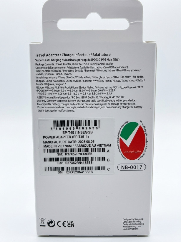 شارژر سامسونگ مدل EP-T4511 توان ۴۵ وات صد در صد اورجینال ویتنام